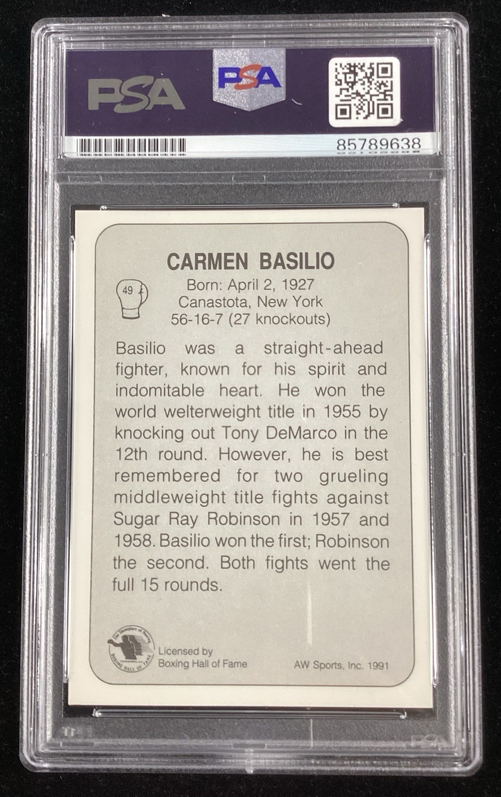 Carmen Basilio Signed 1991 AW Sports #49 Boxing Card Heavyweight Auto PSA/DNA view 3