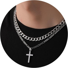 Cross Necklace for Men Boys, Stainless Steel Layered Cross Pendant Cuban/Figaro
