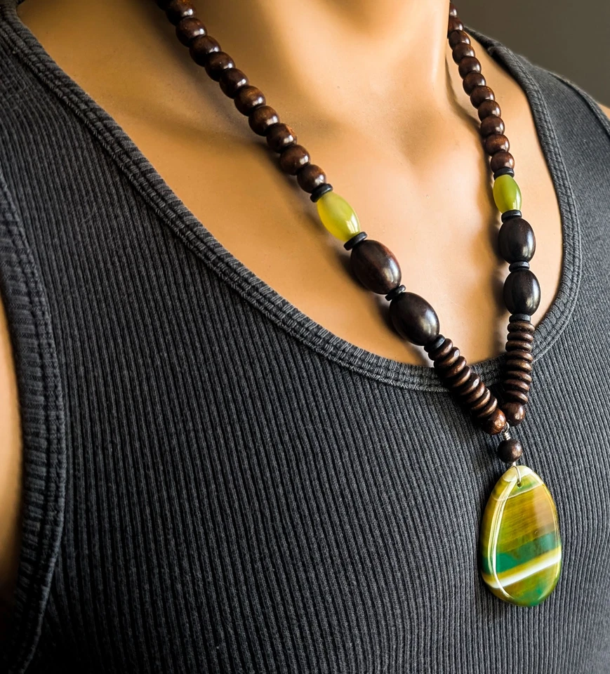 Collar colgante de piedra de ágata para hombre con cuentas de cuerno de madera declaración unisex 24" Foto 3 de 4