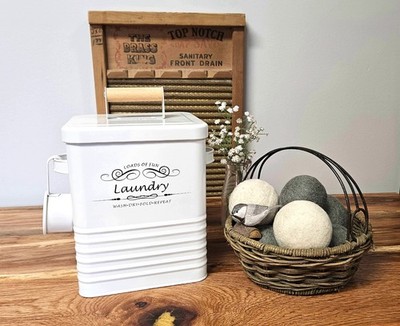 Laundry Detergent Storage Container & Scoop Lid Modern Farmhouse Metal White