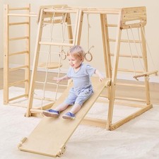 8 in 1 Indoor Playground for Kids 1-6, Wooden Indoor Jungle Gym with Slide & Swi