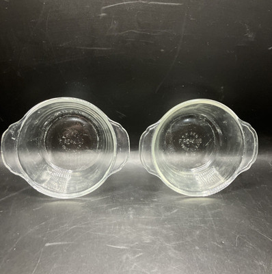 2 Vintage Fire King Anchor Hocking Clear Glass Ovenware Handle Bowl 8 Oz USA