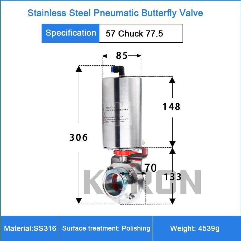 2-1/4'' Sanitary Pneumatic Butterfly Valve SS316L Clamp OD 77.5mm Single Acting - Image 2 of 4