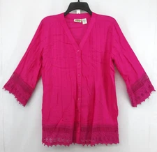 Collections Etc. Shirt Womens Size M Pink 3/4 Sleeve Lace Accent Button Up Top
