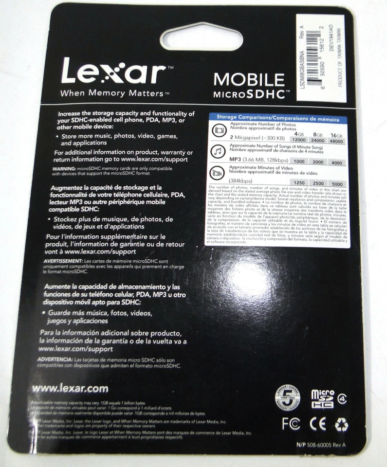 Lexar SanDisk microSDHC 8 GB MicroSDHC Card - Retail - (LSDMI8GBASBNA) BRAND NEW - Image 2 of 2