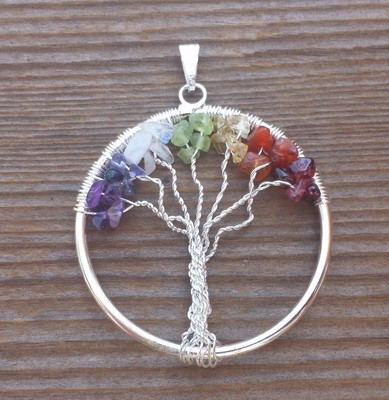 NATURAL 7 CHAKRA TREE OF LIFE  WIRE WRAPPED PENDANT STONE GEMSTONE 