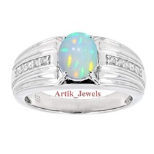 Nat&uuml;rlich Feuer Opal und Cz Mit 14K Wei&szlig; Vergoldet Silber Ring f&uuml;r Herren #740
