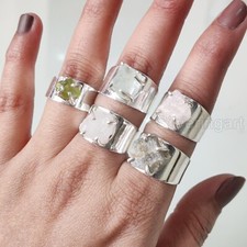 NATURAL RAW GEMSTONE BIRTHSTONE SOLID 925 STERLING SILVER WIDE BAND UNISEX RING