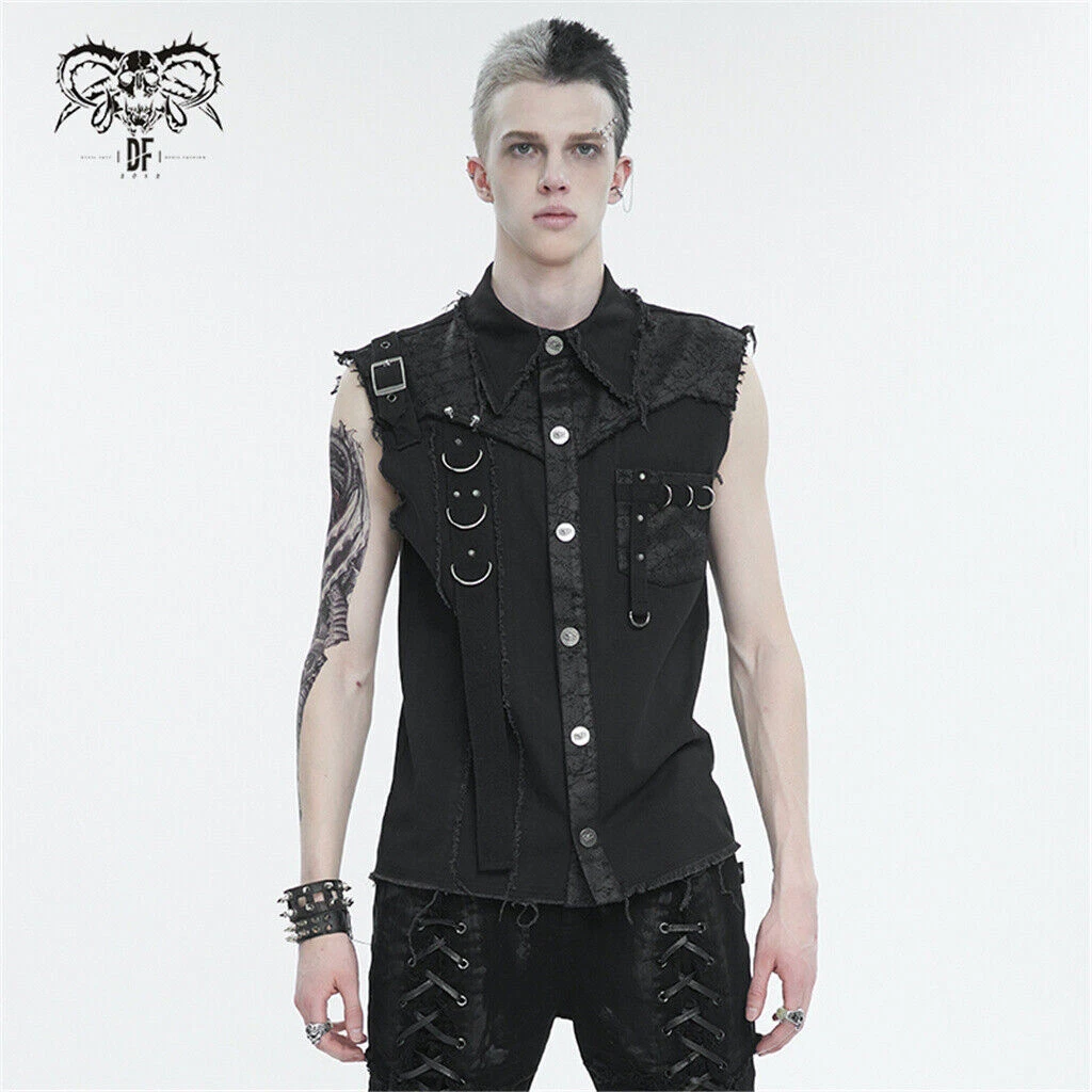 Devil Fashion Men Black Gothic Punk Button Front Sleeveless Shirt Casual Tops