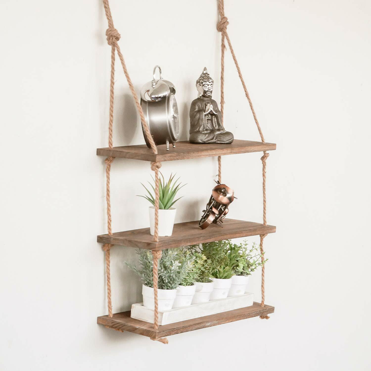 Large Rustic Wood Rope Hanging Wall Shelf Country Vintage Storage