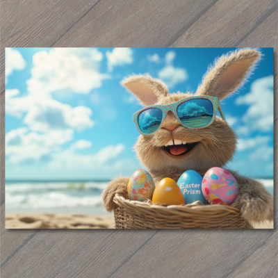 POSTCARD Bunny Wearing Shades Holding Easter Eggs Sunny Beach Ocean Fun Cool