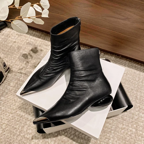 Womens Leather Metal Pointy Toe Draped Mid Heel New Bootie Ankle Boots Shoes - Bild 12 von 17