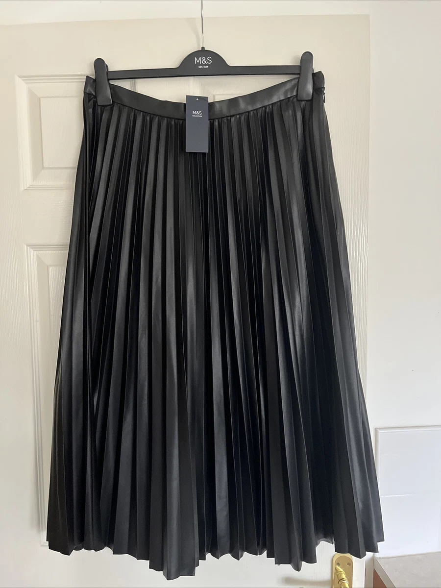 MARKS SPENCER WOMENS BLACK FAUX LEATHER PLEATED MIDI A LINE SKIRT Size 14 Bnwt