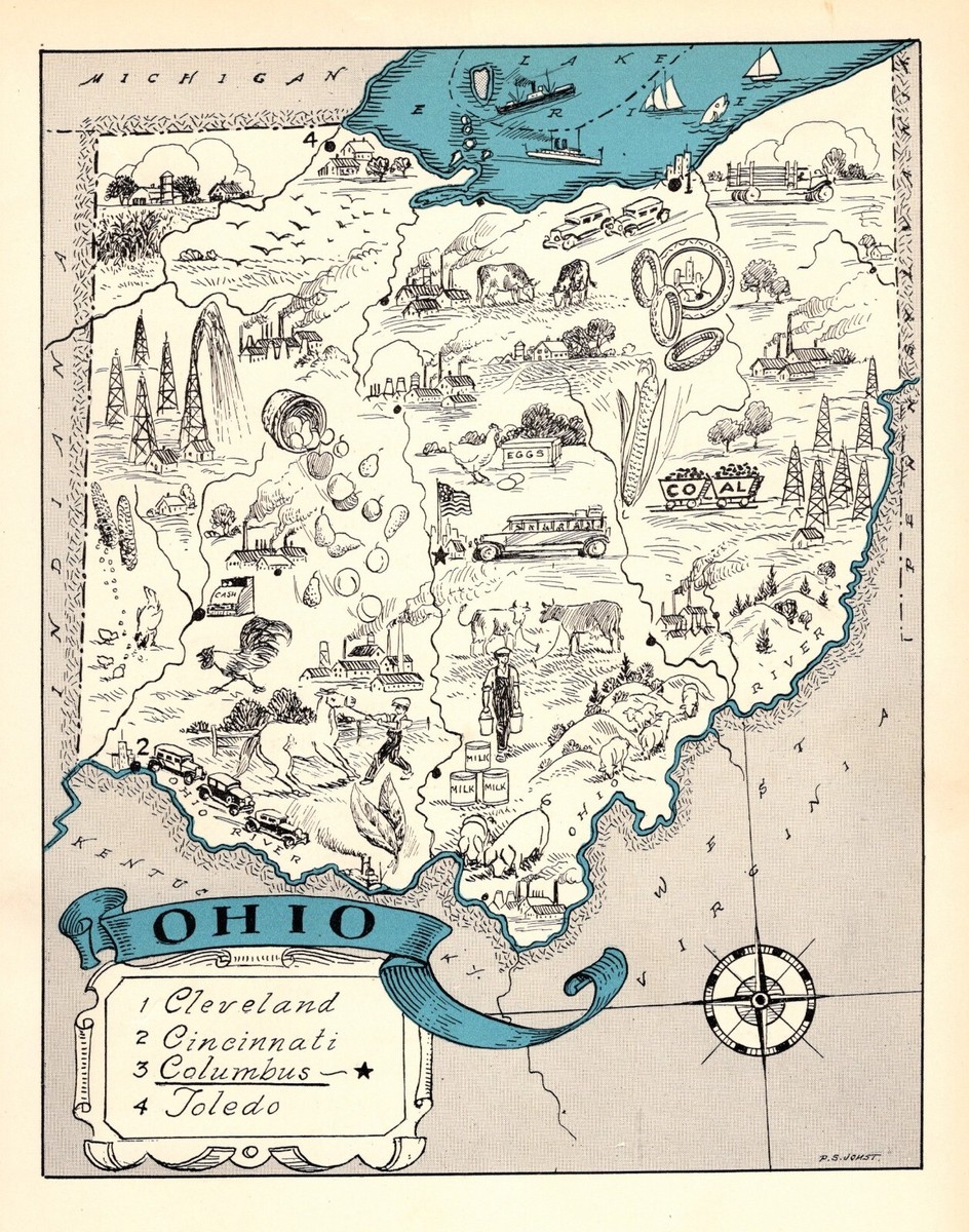 アート・デザイン・音楽 LBM Dispatch, No. 1: Ohio 1930s Antique Ohio State Map Wall Art Decor Animated Picture Map