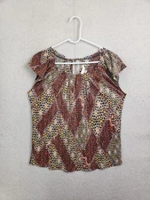 LC Lauren Conrad Women Top Small Orange Patterned Poly Short Sleeve Pleat Blouse