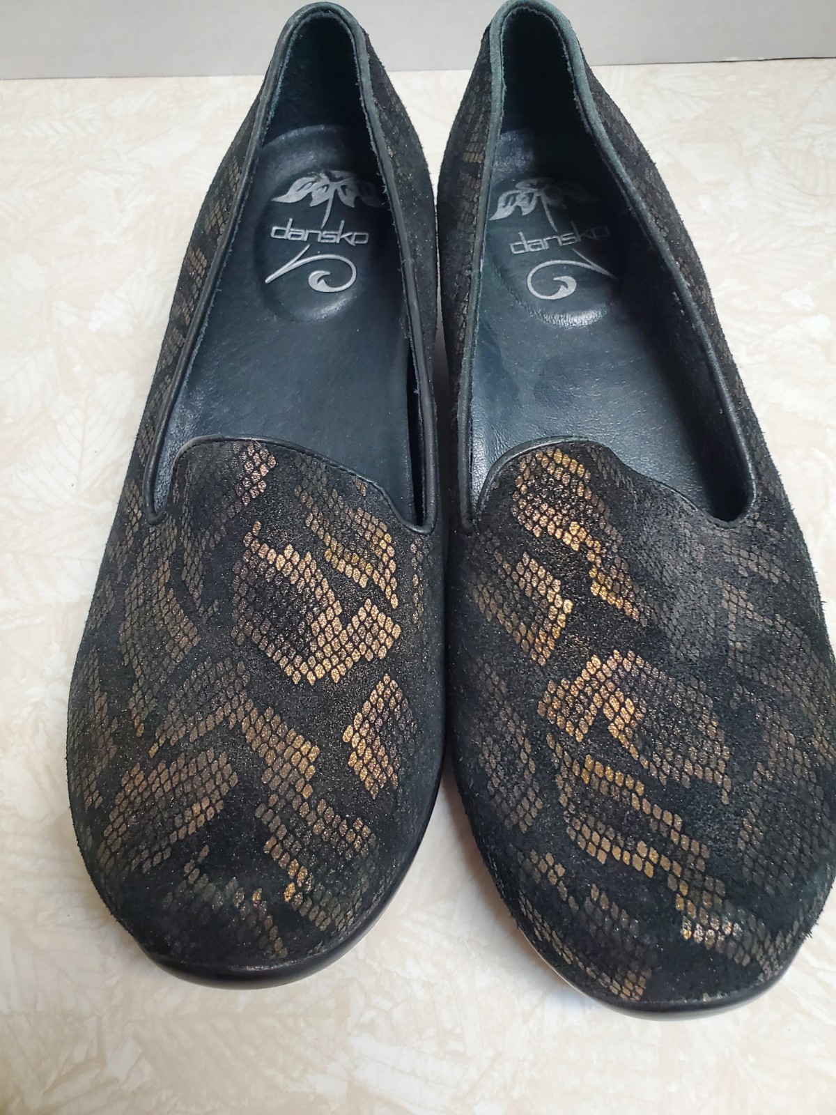Dansko Snakeskin Python Olivia Gold Black Loafers… - image 2
