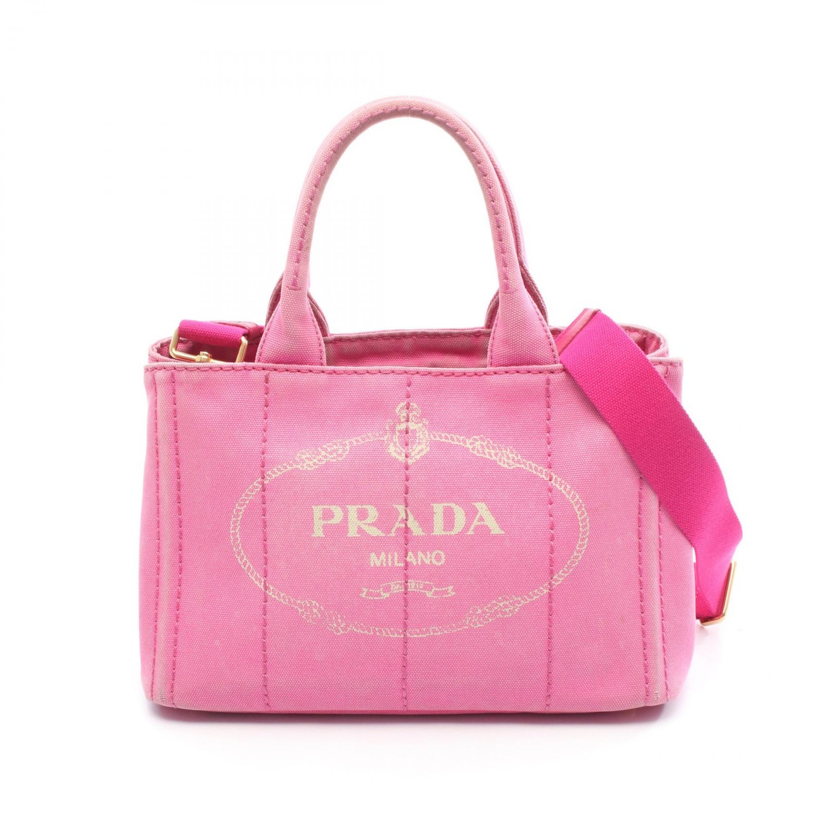 PRADA CANAPA Tote Shoulder Crossbody Handbag 1BG439 canvas Pink logo Used Women