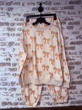 NEW Tankaneo 2 Piece Bow Print Jogger Lounge Outfit Set - Khaki/Orange Size XL