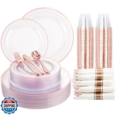 I00000 210 Pcs Rose Gold Plastic Plates with Silverware, Includes