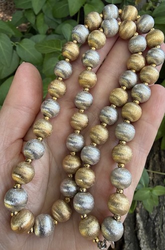 NAPIER signed two tone gold tone textured Brushed ball Necklace Vintage Jewelry