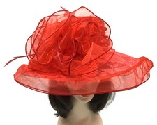 Wide Brim Organza Red Lace Women's Elegant Derby Church Party Hat