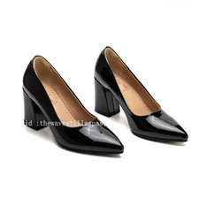 Womens Pointy Toe Slip on High Block Heel Office Party Pumps Shoes 52 Hot