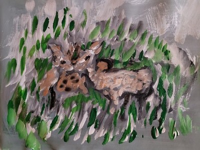  Hidden Fawns in Spring Grass   Original 9x12 Deer Painting by Basil Bakhshi 