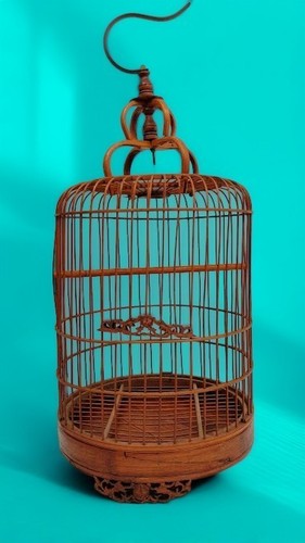 Vintage Bamboo & Teak Bird Cage 17" Curved Asian Chinoiserie Double Loop