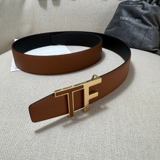 Tom Ford Reversible Leather Gold Metal T-Buckle Decorated Belt