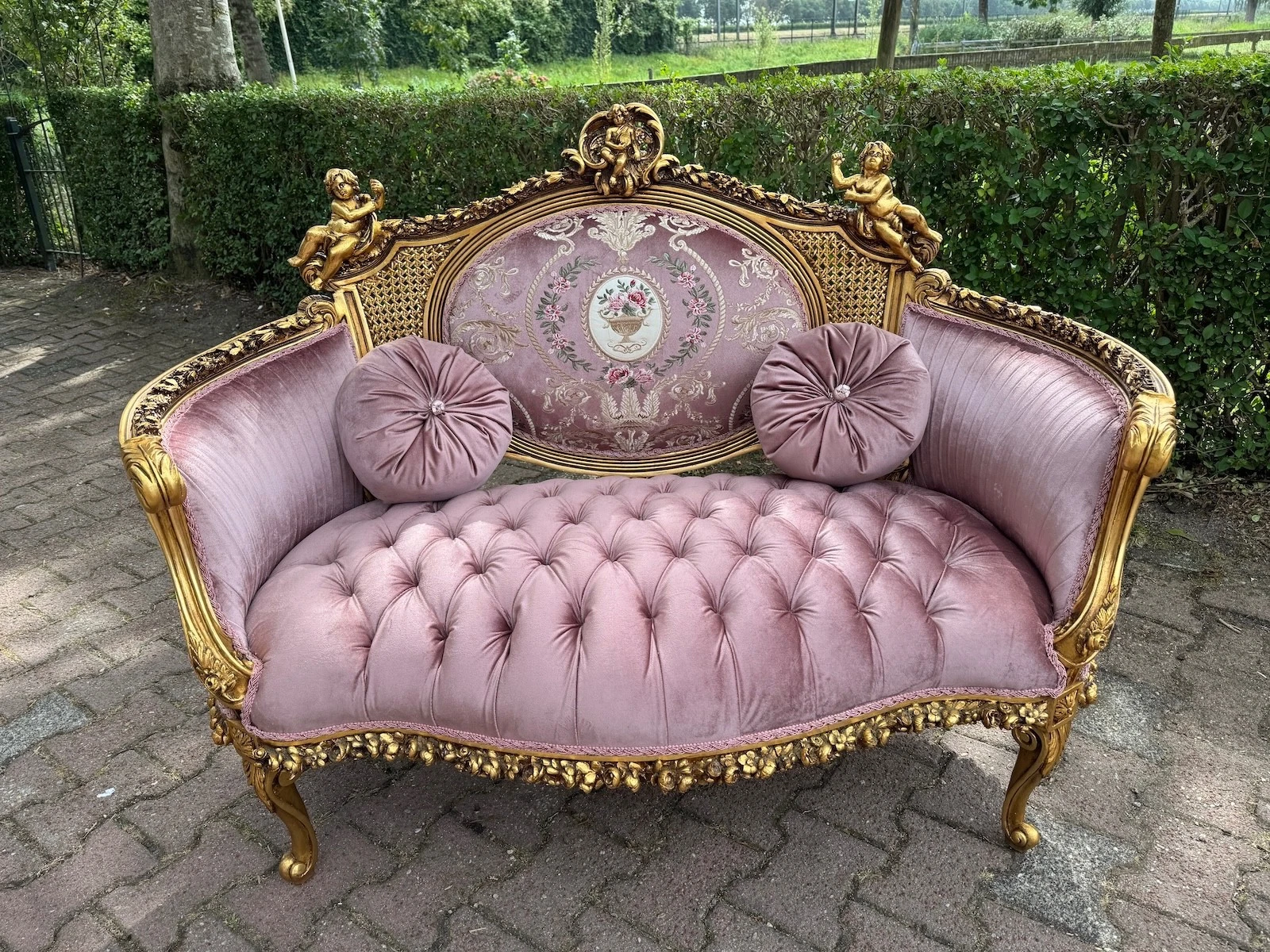 Sofa French Louis XVI Corbeille Settee Gold Beech Rose Velvet 1940