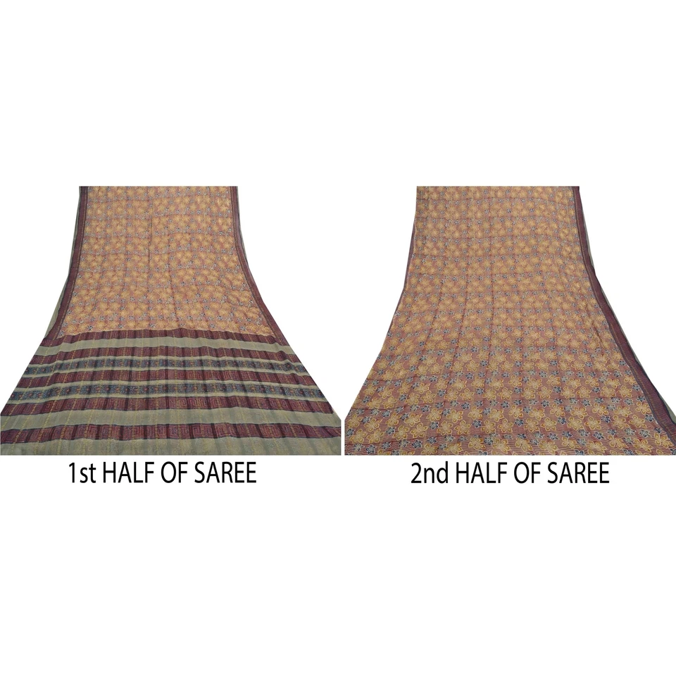 Sanskriti Vintage Sarees Pure Chiffon Zari Woven & Print Sari 5+Yd Craft Fabric - Image 3 of 4