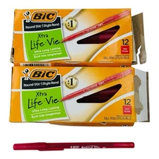 24 Pens BIC Pens Round Stic Xtra-Life Vie Medium Point Ballpoint Red Pens