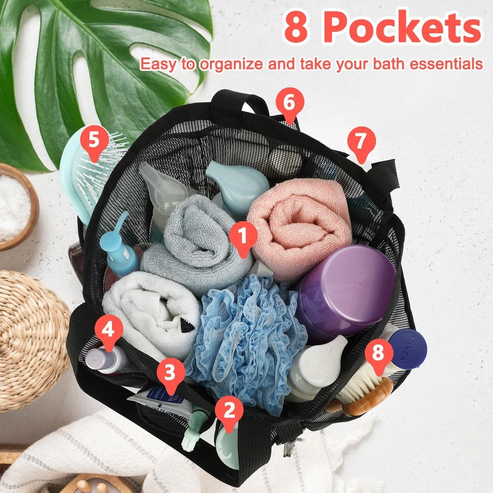 Carrito de ducha universitario 8 bolsillos, bolso de malla, baño dormitorio, negro Foto 4 de 4