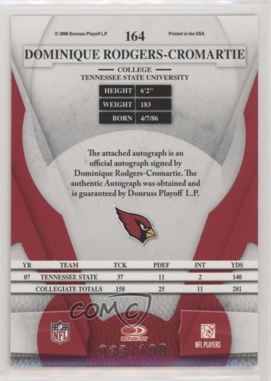 2008 Leaf Certified Materials Dominique Rodgers-Cromartie Rookie Auto RC 00jz