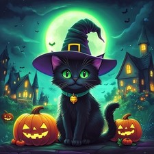 Halloween Diamond Art Kits for Adults, Black Cat Pumpkin Diamond Painting Gem