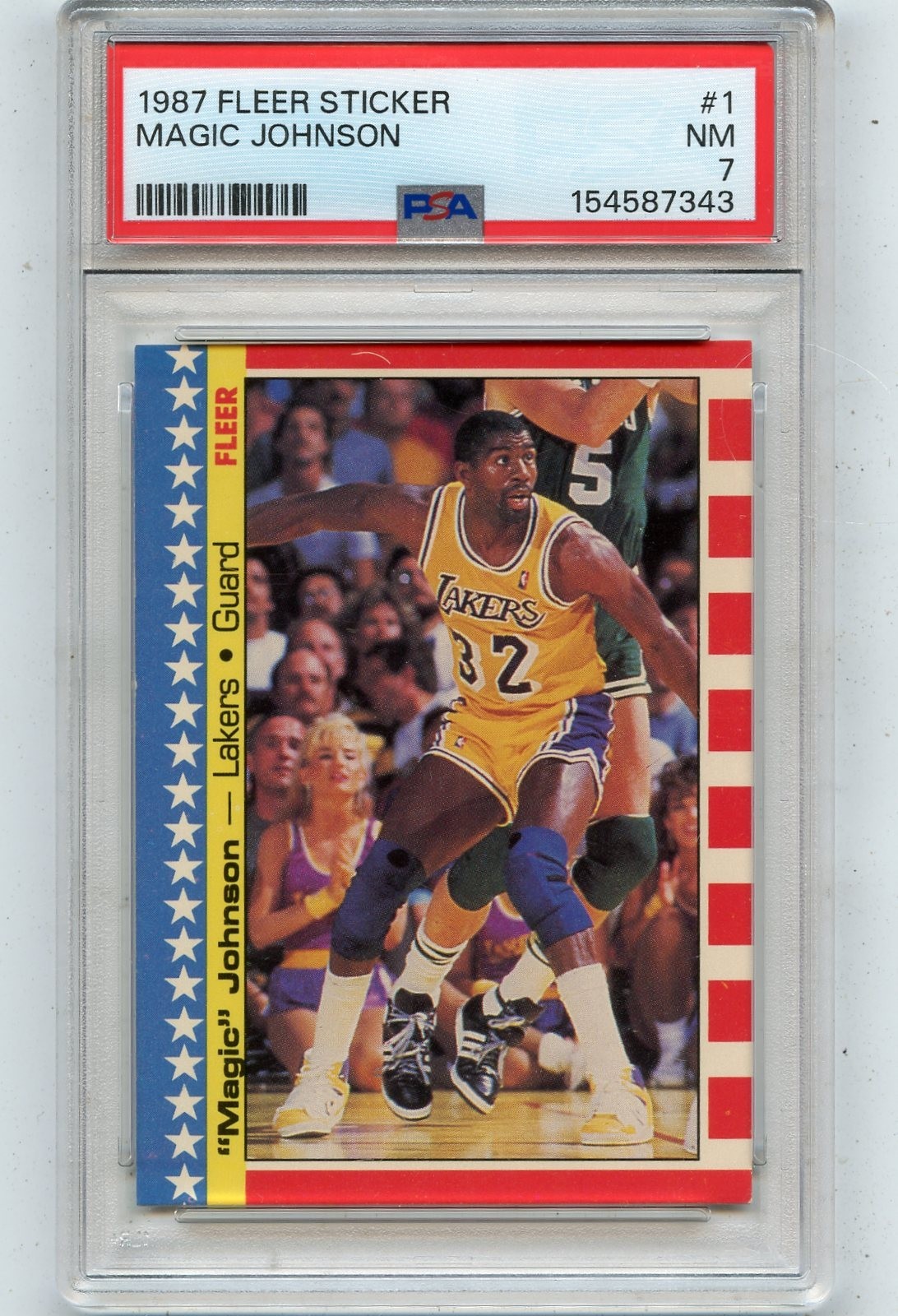 1987-88 FLEER BASKETBALL #1 MAGIC JOHNSON "STICKER", LAKERS, HOF - PSA 7 (87343)