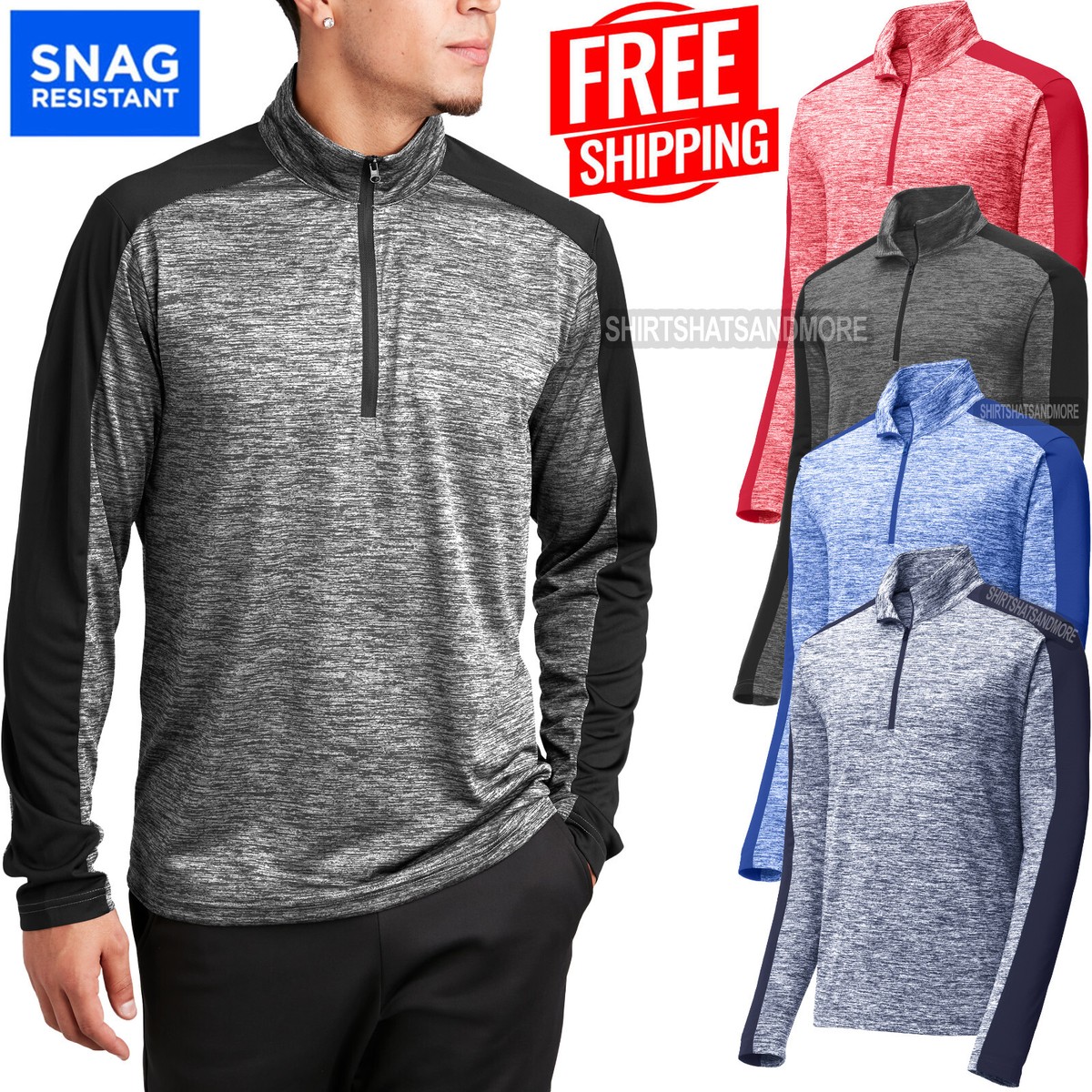 Mens 1/4 Zip Moisture Wicking Colorblock Long Sleeve Pullover Snag