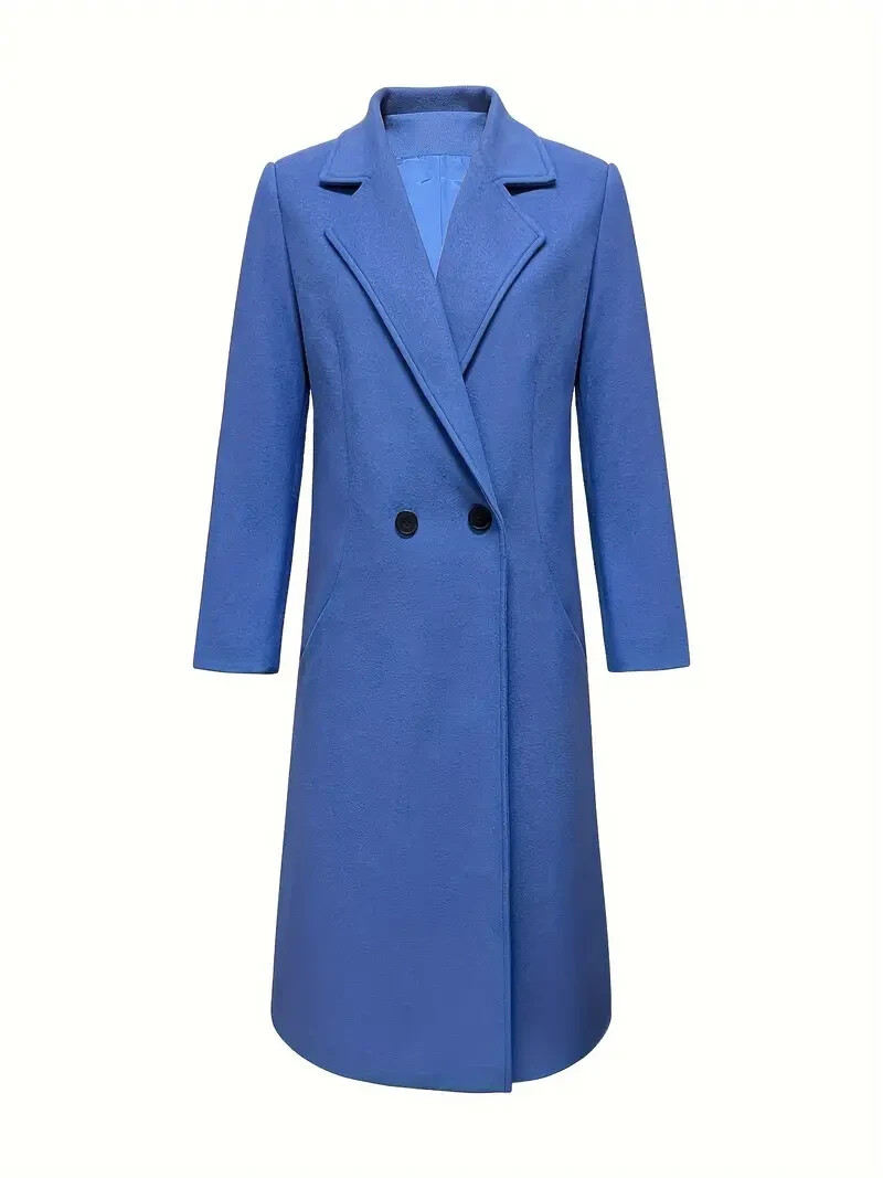 Women's Solid Color Overcoat Button Front Lapel Long Coat Size L