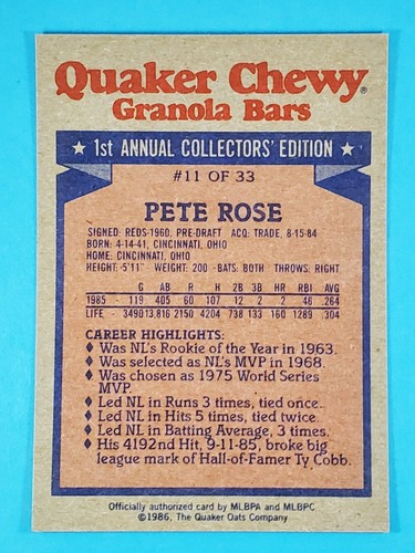 1987 Topps Quaker Pete Rose Cincinnati Reds #11 ⚾ - Picture 2 of 2