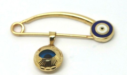 Genuine 14ct Yellow Gold Baby Child's Kids Brooch Evil Eye Mati Charm - Picture 2 of 9