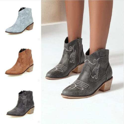 Women's Cowgirl Cowboy Boots Ladies Chunky Heel Western Ankle Booties Size 34-46 - Photo 1/15