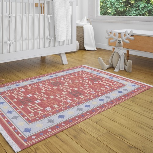 Cotton Wool Rugs Area Handmade Carpet Red Blue Floor Bedroom Rectangle 180x120cm