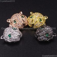 Zircon Gemstones Pave Leopard Head Bracelet Connector Charm Beads Silver Gold