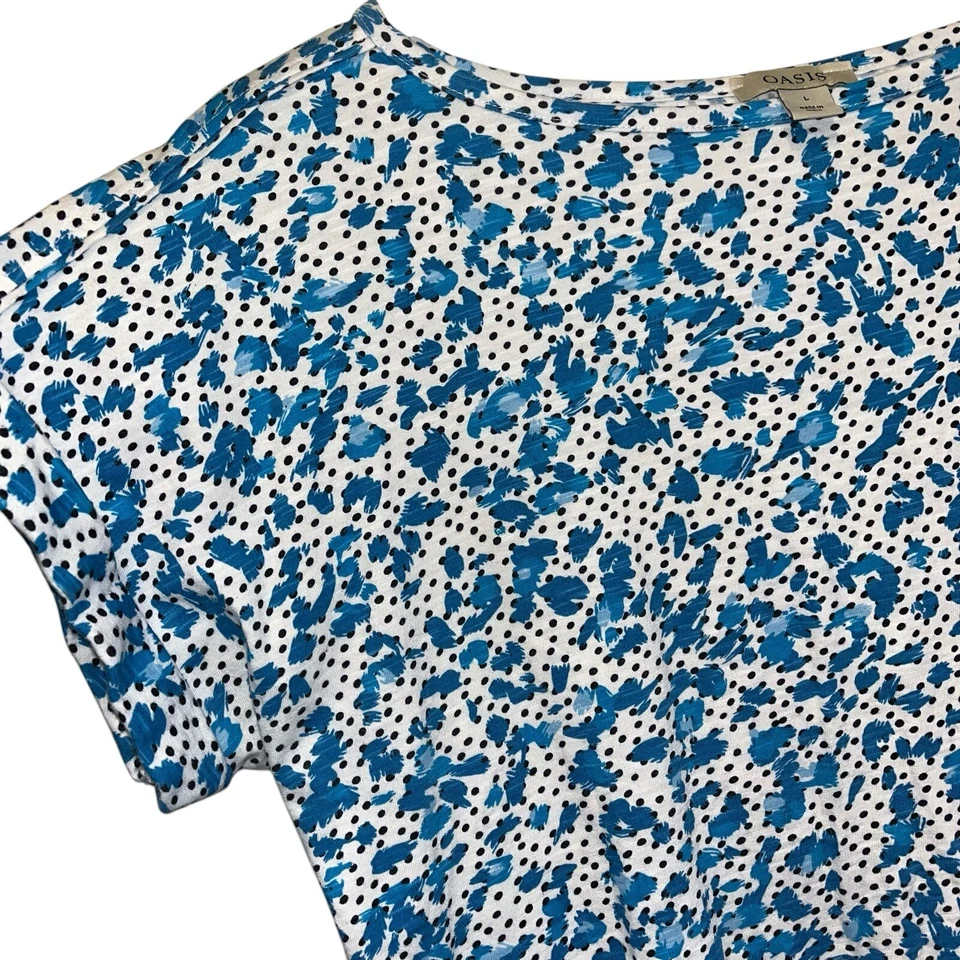 Oasis Women's Size Large Short Sleeved T Shirt Blouse White Blue Animal Print - Image 2 of 4
