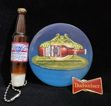Vintage BUDWEISER BEER Croaking Frog Button, Bottle Keychain, Bowtie Pin Set
