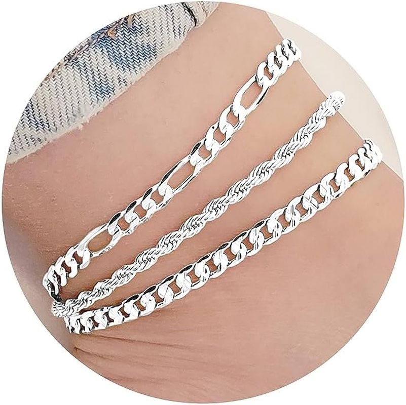 Sterling silver women's ankle bracelet with Cuban link or figaro chain and secure lobster clasp