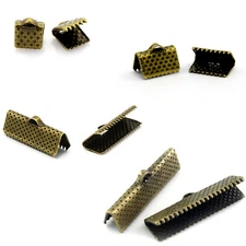 10 Antique Bronze Long Crimp End Findings with Teeth For Flat Leather & Ribbon