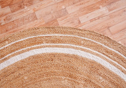 Jute geflochtener Rundteppich mit weißen Streifen Bordüre, Naturfaserteppich, Deko Zuhause - Bild 4 von 5