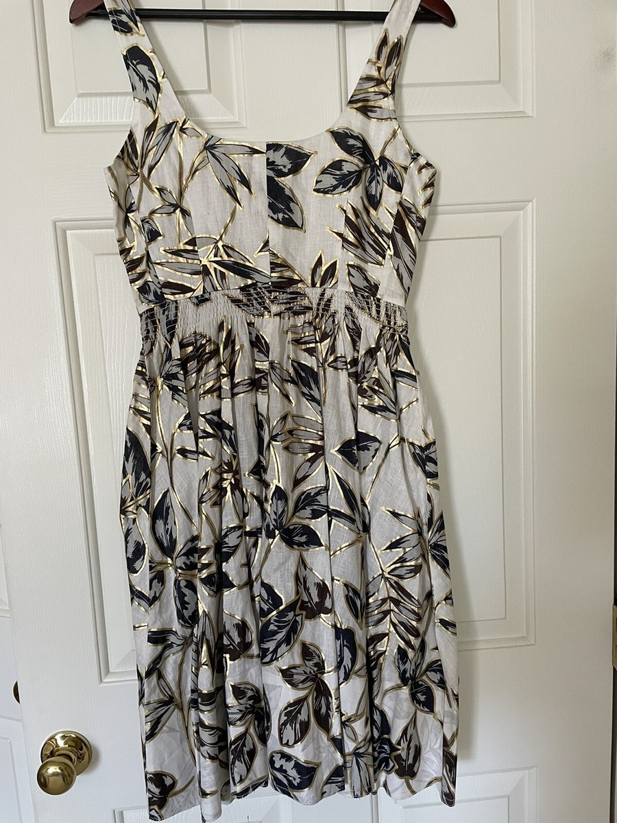 J Crew Linen Dress Women's Size 4 Gold Foil Leaf Print Zip Front Sleeveless  | eBay