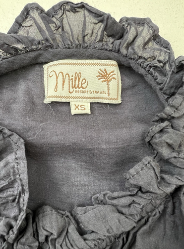 Mille Resort Sz XS Top Blouse Navy Blue Boho Peasant Ruffle Neck Ltwt See NOTES - Picture 2 of 5